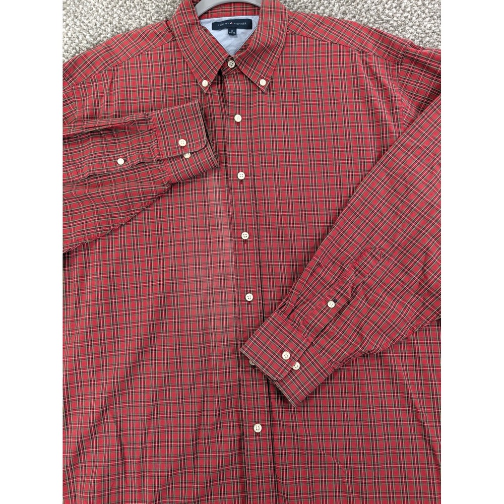 Tommy Hilfiger Mens Red Plaid Button Down Shirt 17 34-35 Long Sleeve Top